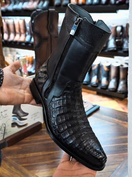 Men's Black Caiman Calf Dress Boots Square