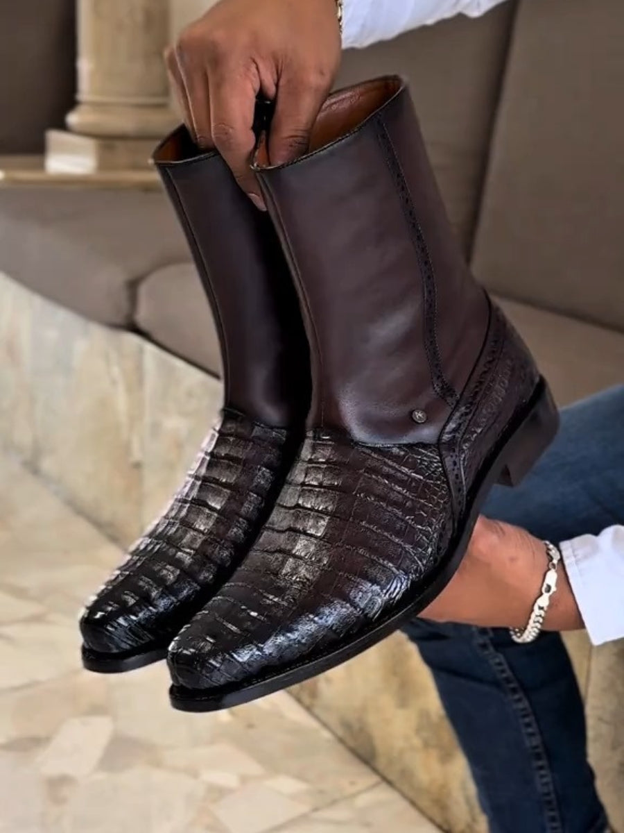 Short Dark Brown Caiman Leather Boots Oval