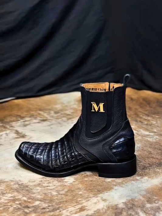 Black Lettering Crocodile Leather Boots