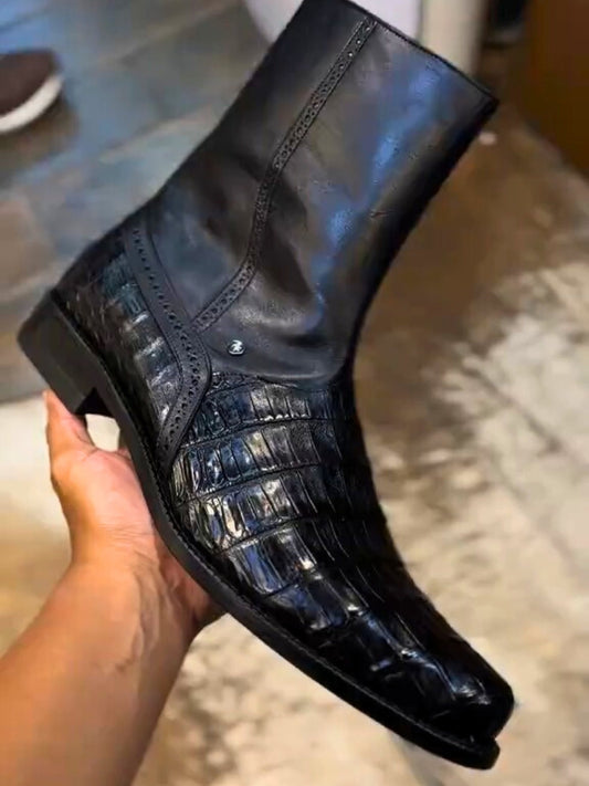Men's Black Caiman Calf Dress Boots Square