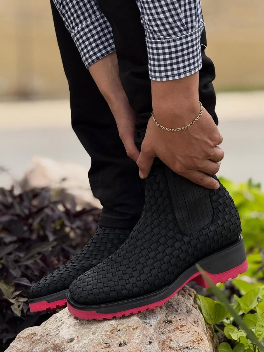 Black Basketweave Leather Botin With 3D Lightweight Soles - Square Toe