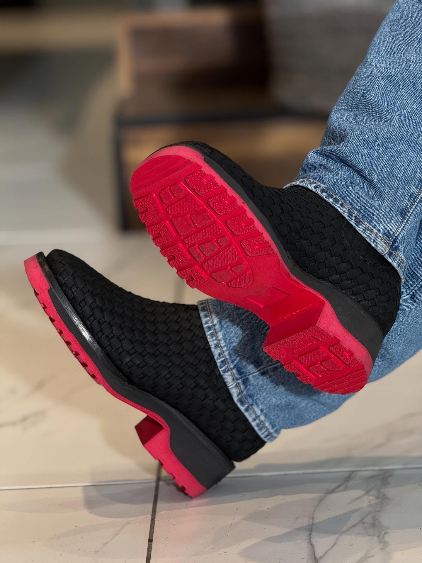 Black Basketweave Leather Botin With 3D Lightweight Soles - Square Toe