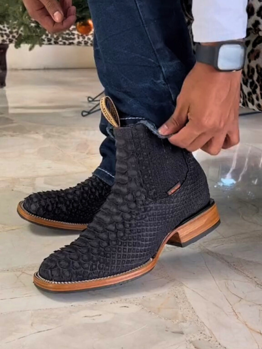 Men's Python Matte Black Short Boots Square-toe