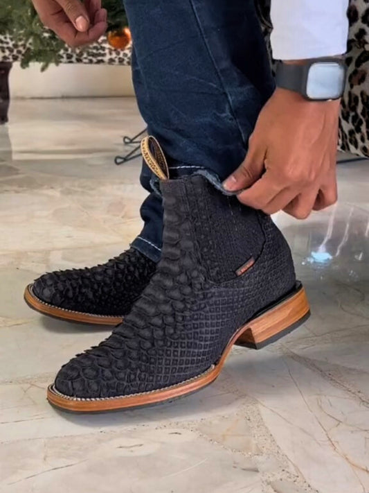 Men's Python Matte Black Short Boots Square-toe