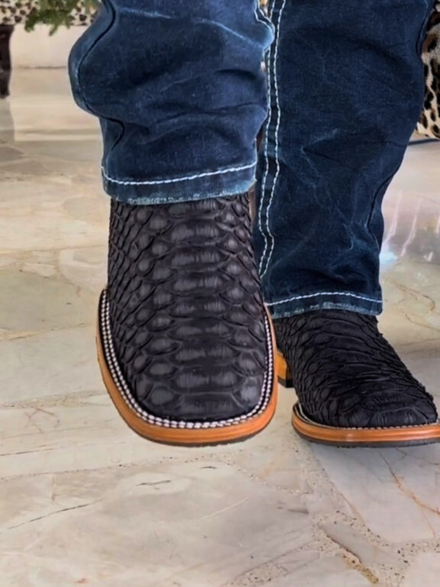 Men's Python Matte Black Short Boots Square-toe