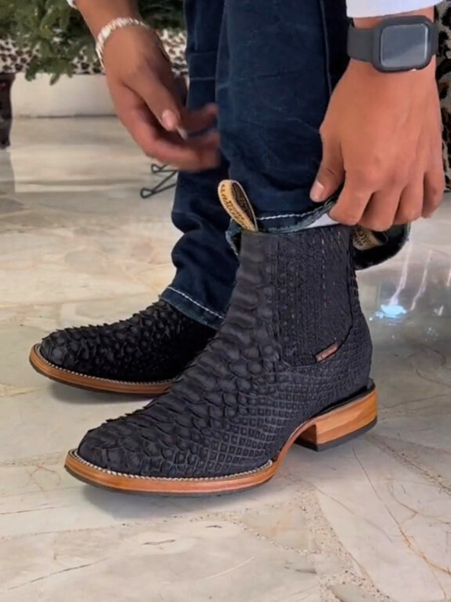 Men's Python Matte Black Short Boots Square-toe