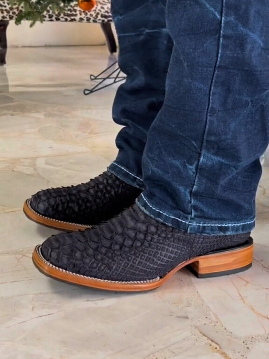 Men's Python Matte Black Short Boots Square-toe