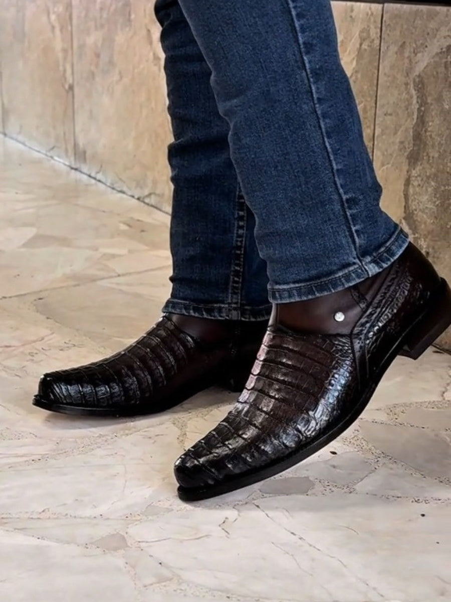 Short Dark Brown Caiman Leather Boots Oval