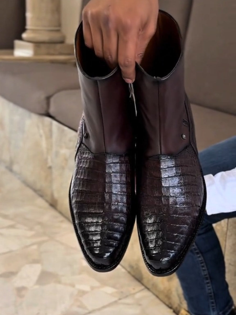 Short Dark Brown Caiman Leather Boots Oval