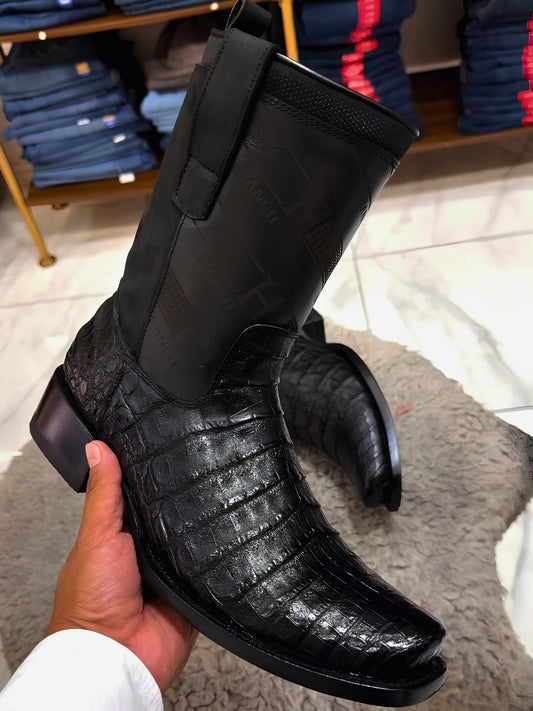 Western Boots in Black Genuine Cayman Leather with a Square Toe Profile.