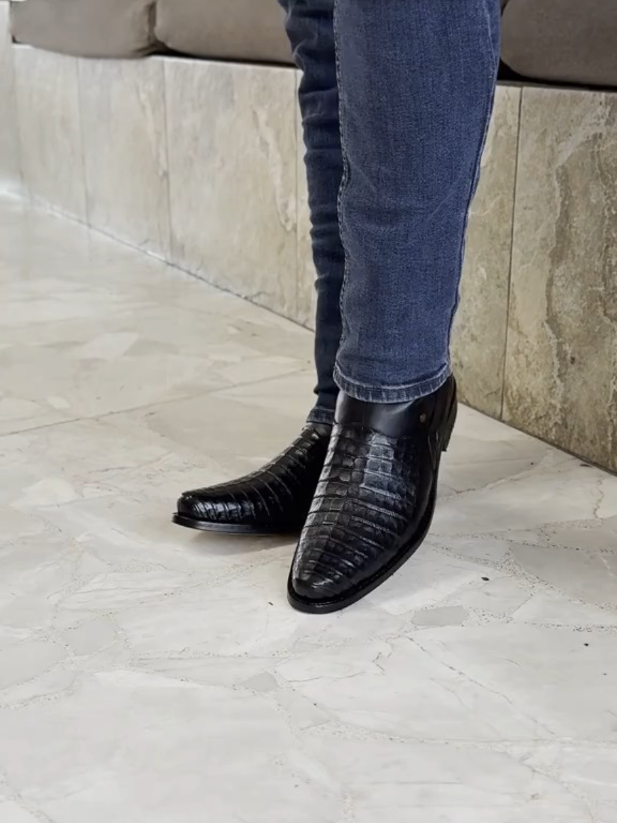 Short Dark Brown Caiman Leather Boots Oval