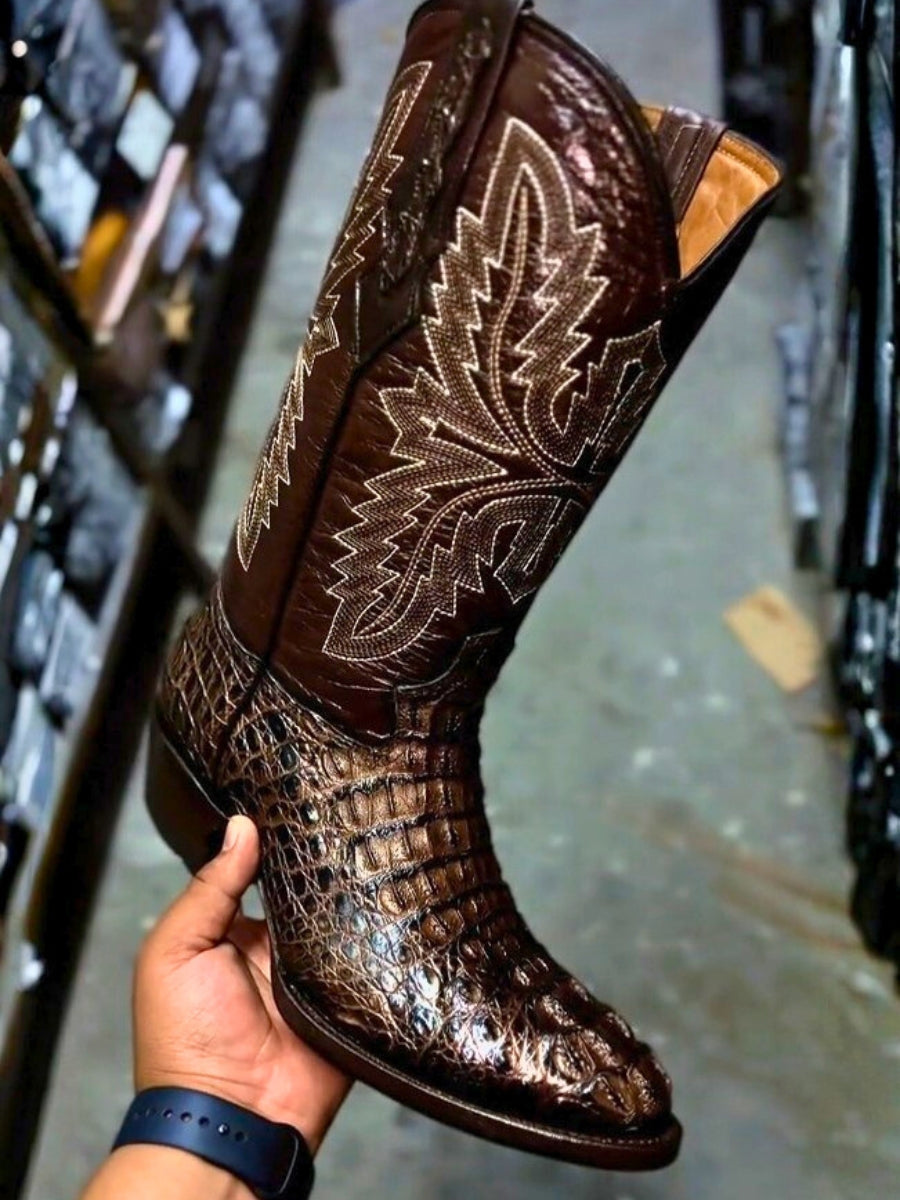 Men's Cowboy Boots Brown Crocodile Genuine Leather Round Oval Boots