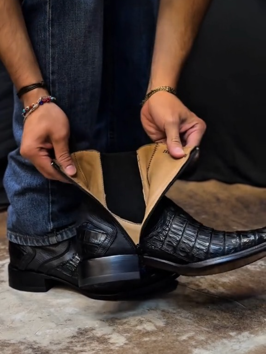 Black Lettering Crocodile Leather Boots