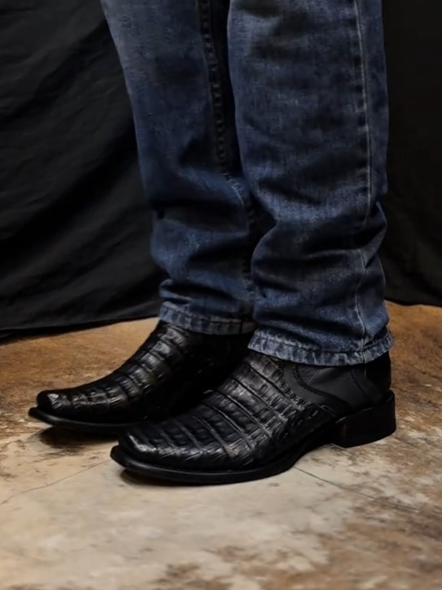 Black Lettering Crocodile Leather Boots