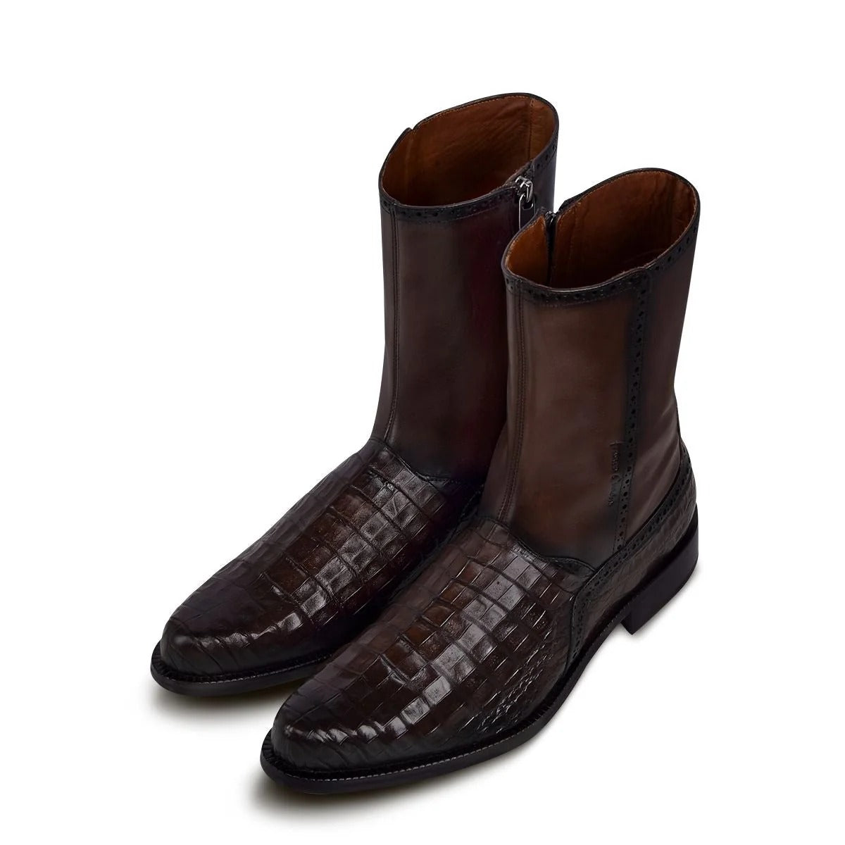 Short Dark Brown Caiman Leather Boots Oval